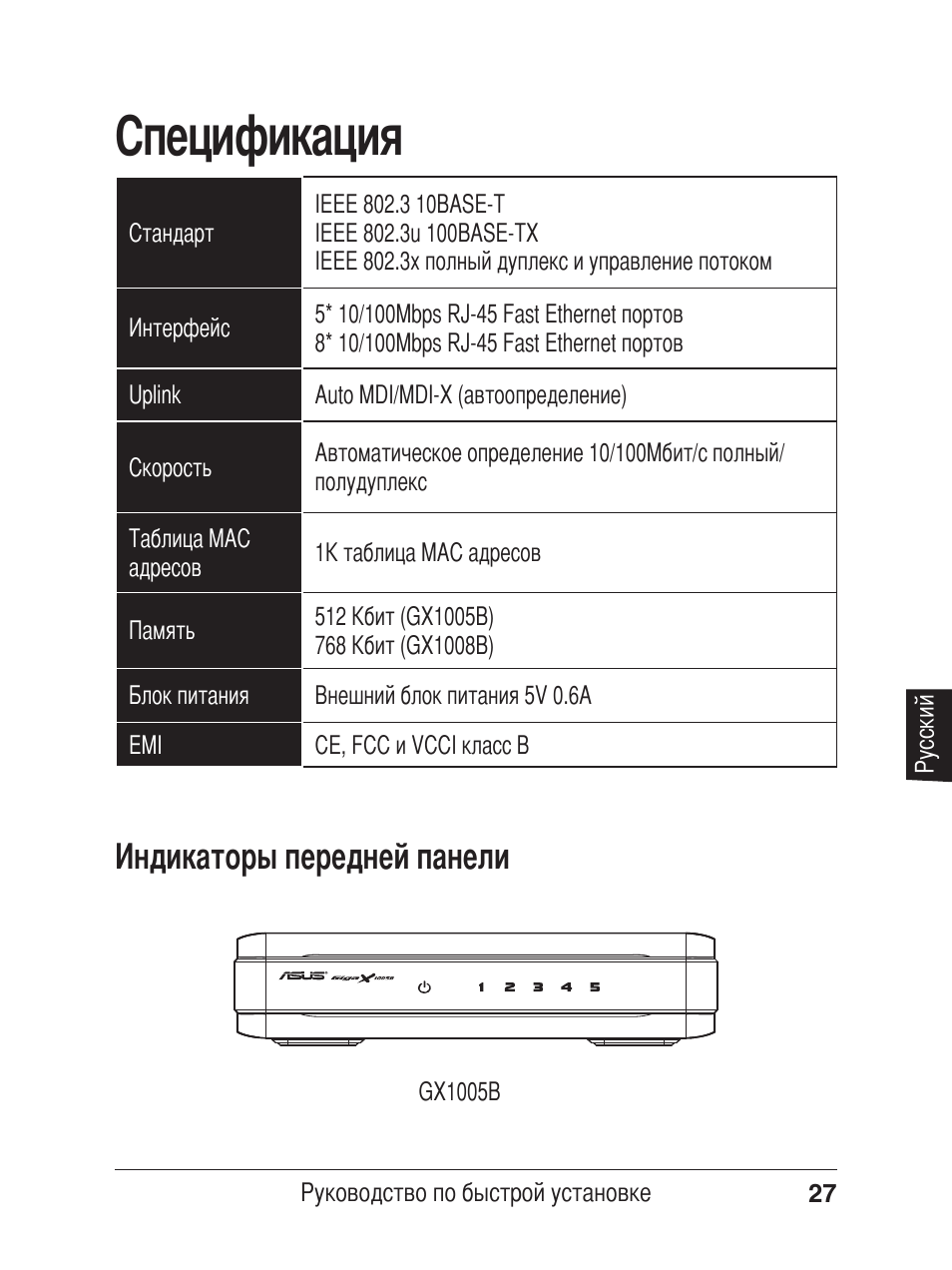 Спецификация, Индикаторы передней панели | Asus GX1005B V5 User Manual | Page 28 / 46