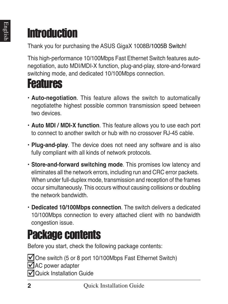 Introduction features, Package contents | Asus GX1005B V5 User Manual | Page 3 / 46