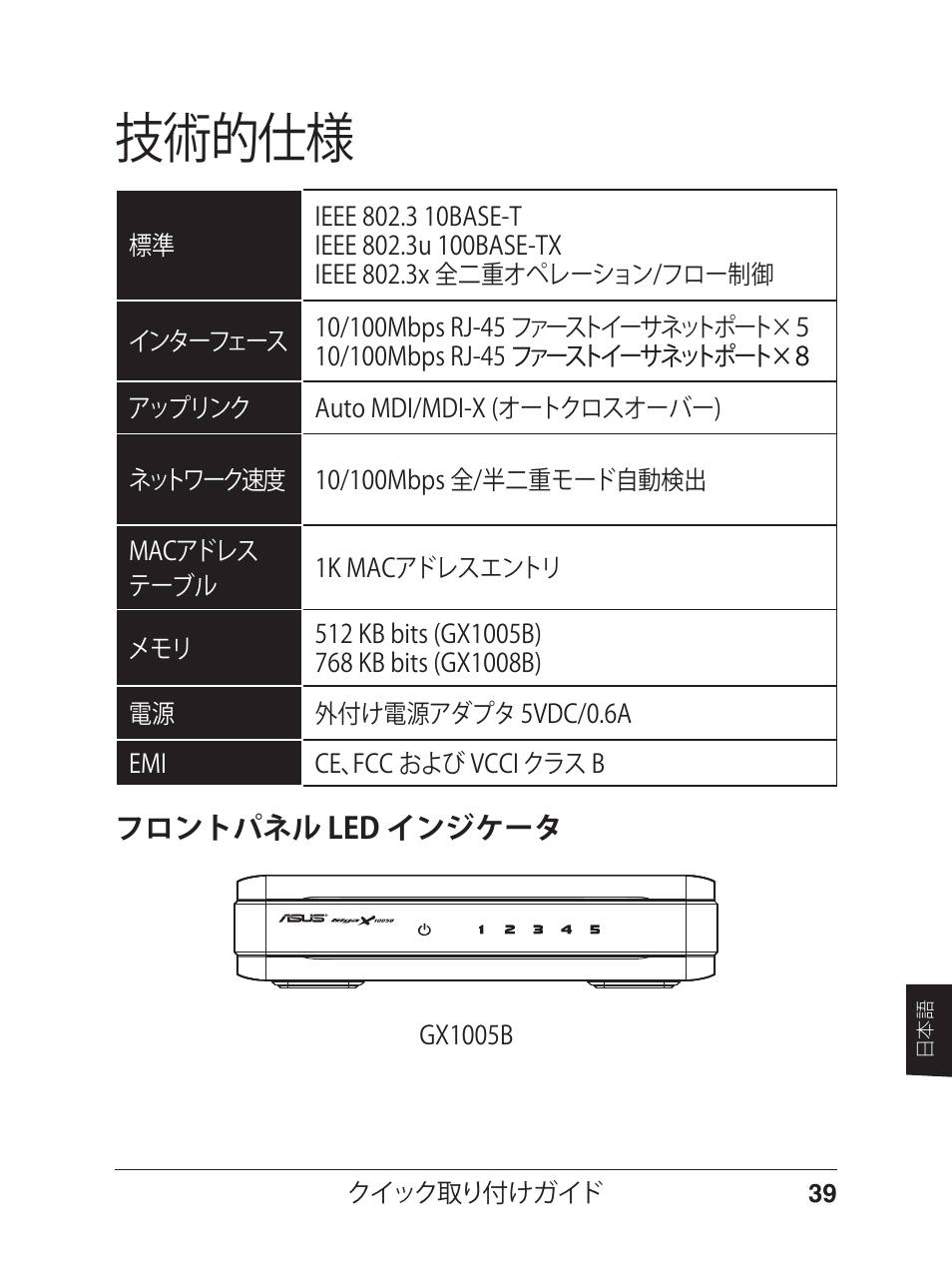 技術的仕様 | Asus GX1005B V5 User Manual | Page 40 / 46
