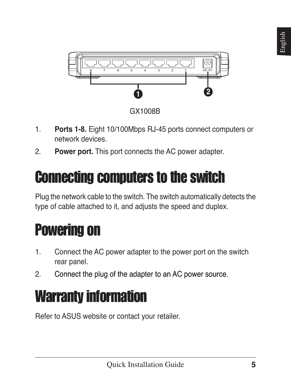 Powering on, Connecting computers to the switch, Warranty information | Asus GX1005B V5 User Manual | Page 6 / 46