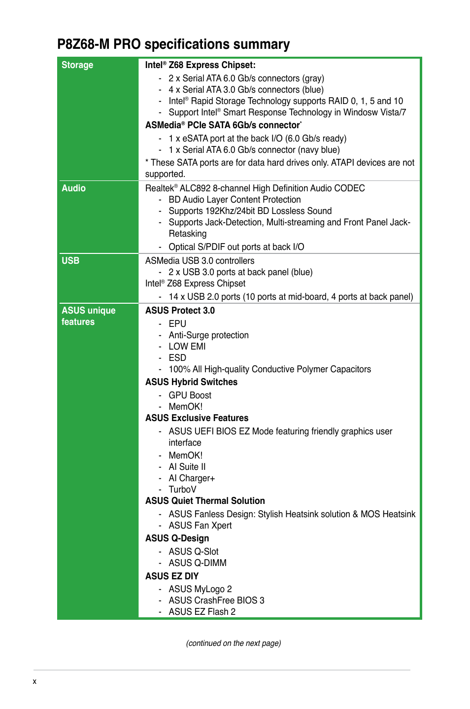 P8z68-m pro specifications summary | Asus P8Z68-M PRO User Manual | Page 10 / 82