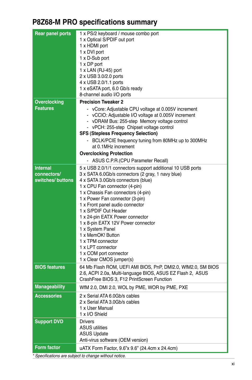 P8z68-m pro specifications summary | Asus P8Z68-M PRO User Manual | Page 11 / 82