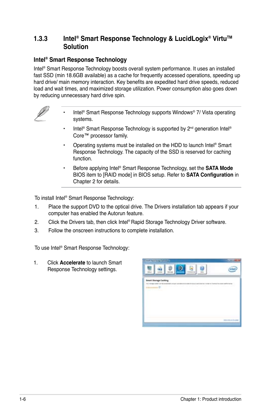 Intel, Smart response technology & lucidlogix, Virtu | Solution -6, 3 intel, Solution | Asus P8Z68-M PRO User Manual | Page 18 / 82