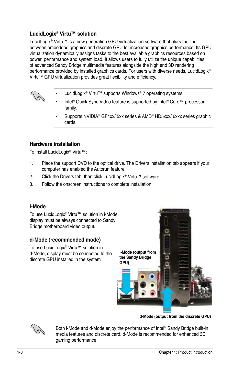 Lucidlogix, Virtu™ solution, Hardware installation | I-mode, D-mode (recommended mode) | Asus P8Z68-M PRO User Manual | Page 20 / 82