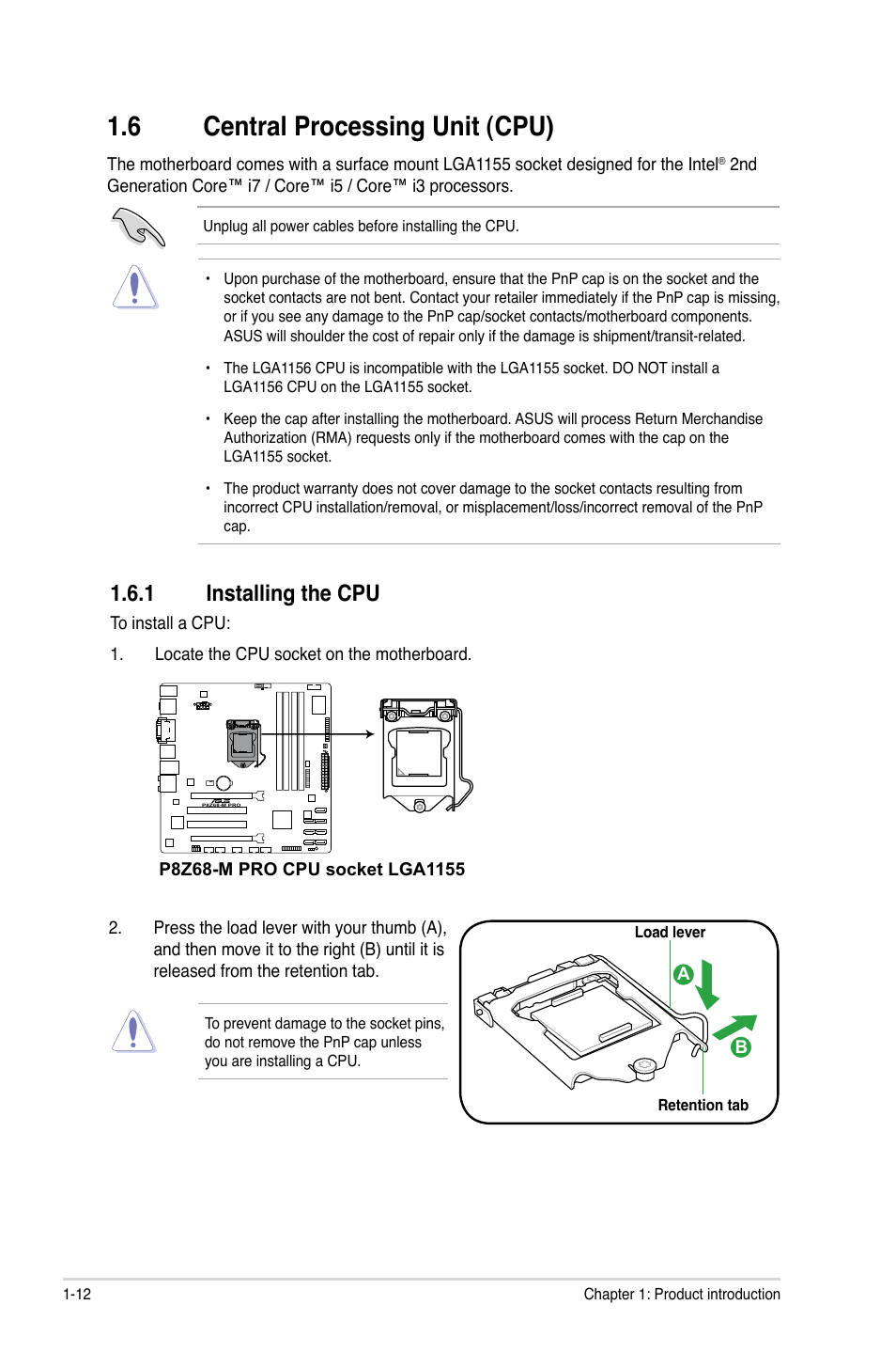 6 central processing unit (cpu), 1 installing the cpu, Central processing unit (cpu) -12 1.6.1 | Installing the cpu -12 | Asus P8Z68-M PRO User Manual | Page 24 / 82