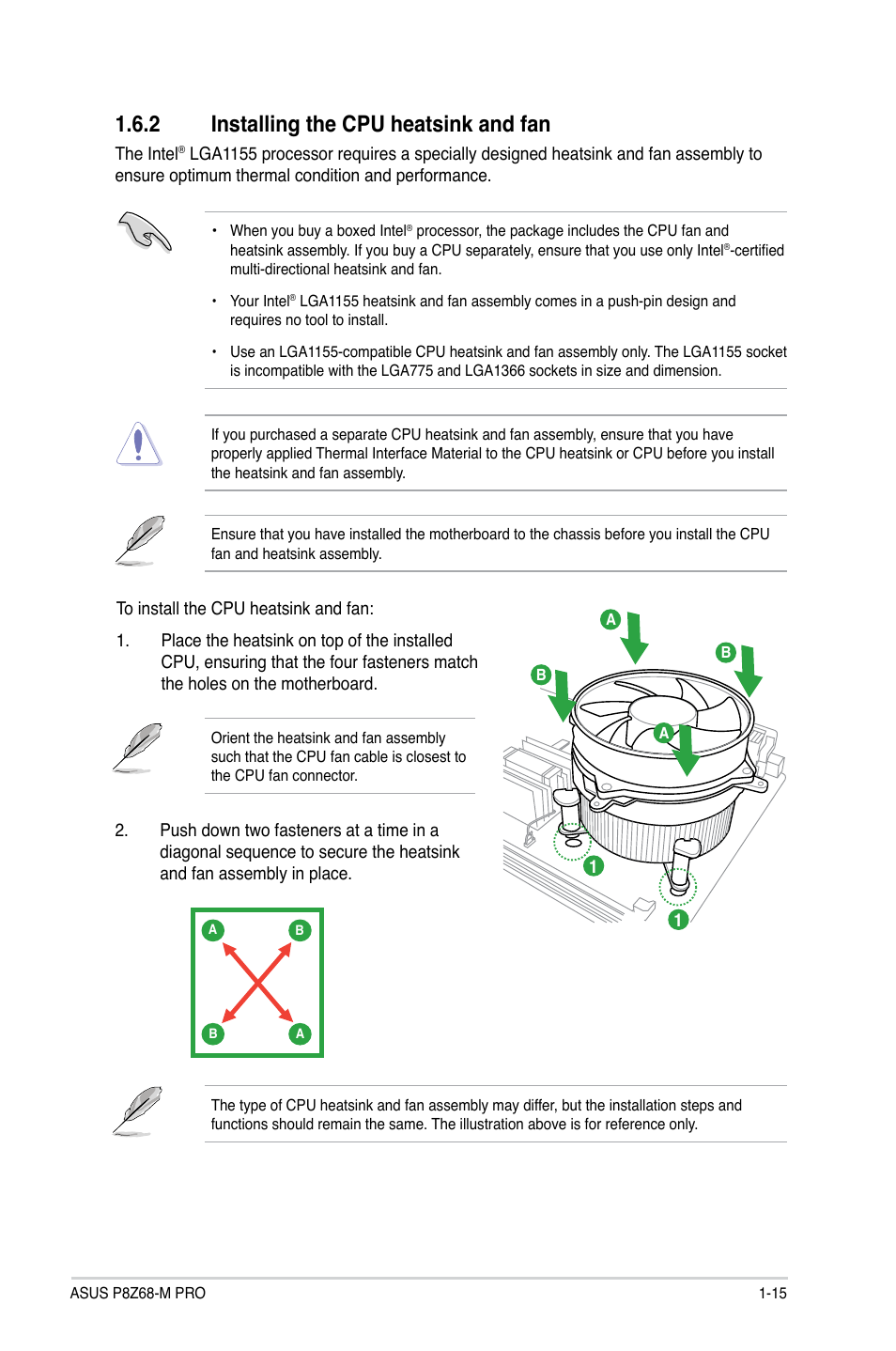 2 installing the cpu heatsink and fan, Installing the cpu heatsink and fan -15 | Asus P8Z68-M PRO User Manual | Page 27 / 82