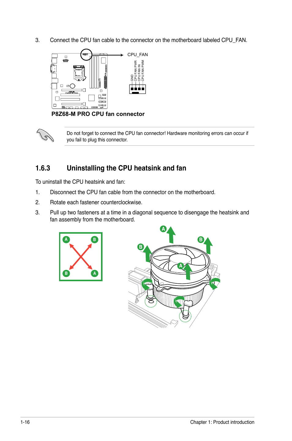 3 uninstalling the cpu heatsink and fan, Uninstalling the cpu heatsink and fan -16, P8z68-m pro cpu fan connector | Asus P8Z68-M PRO User Manual | Page 28 / 82