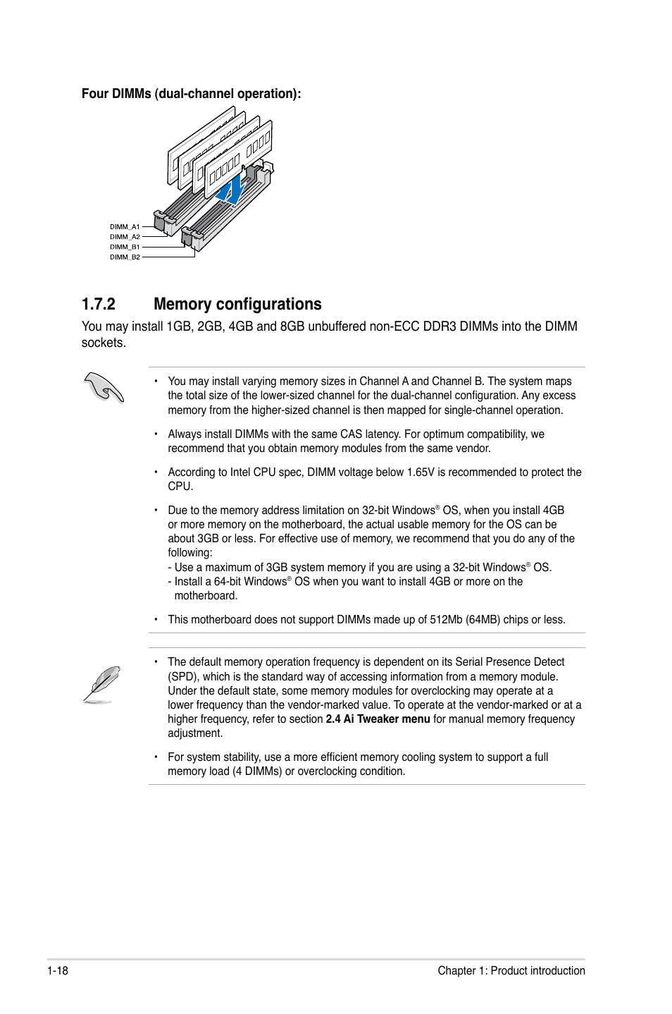 2 memory configurations, Memory configurations -18 | Asus P8Z68-M PRO User Manual | Page 30 / 82