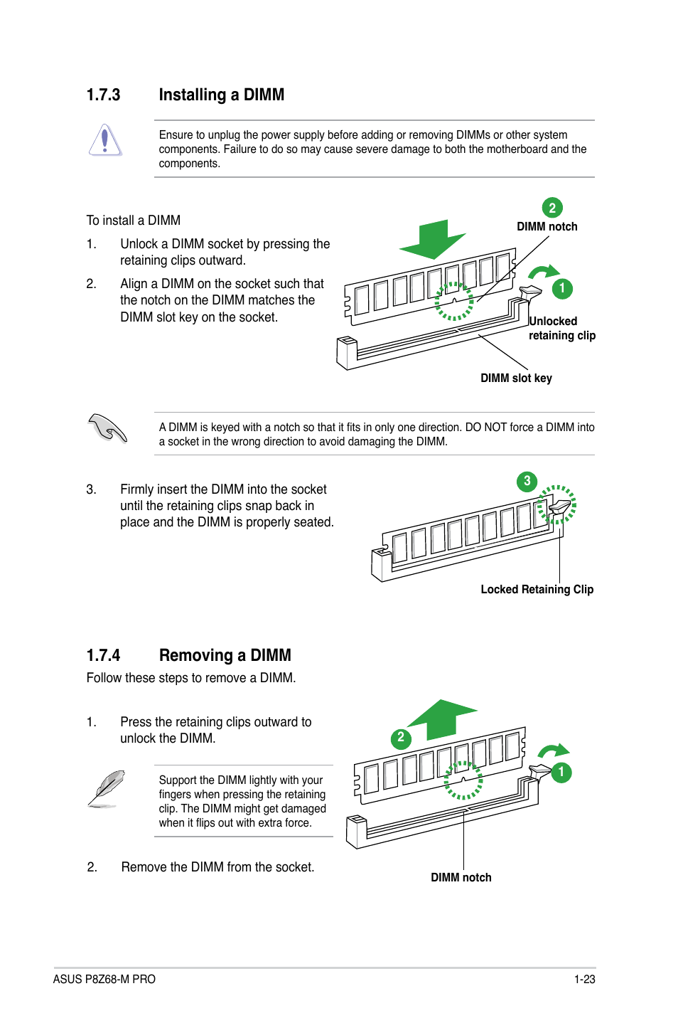 3 installing a dimm, 4 removing a dimm, Installing a dimm -23 | Removing a dimm -23 | Asus P8Z68-M PRO User Manual | Page 35 / 82