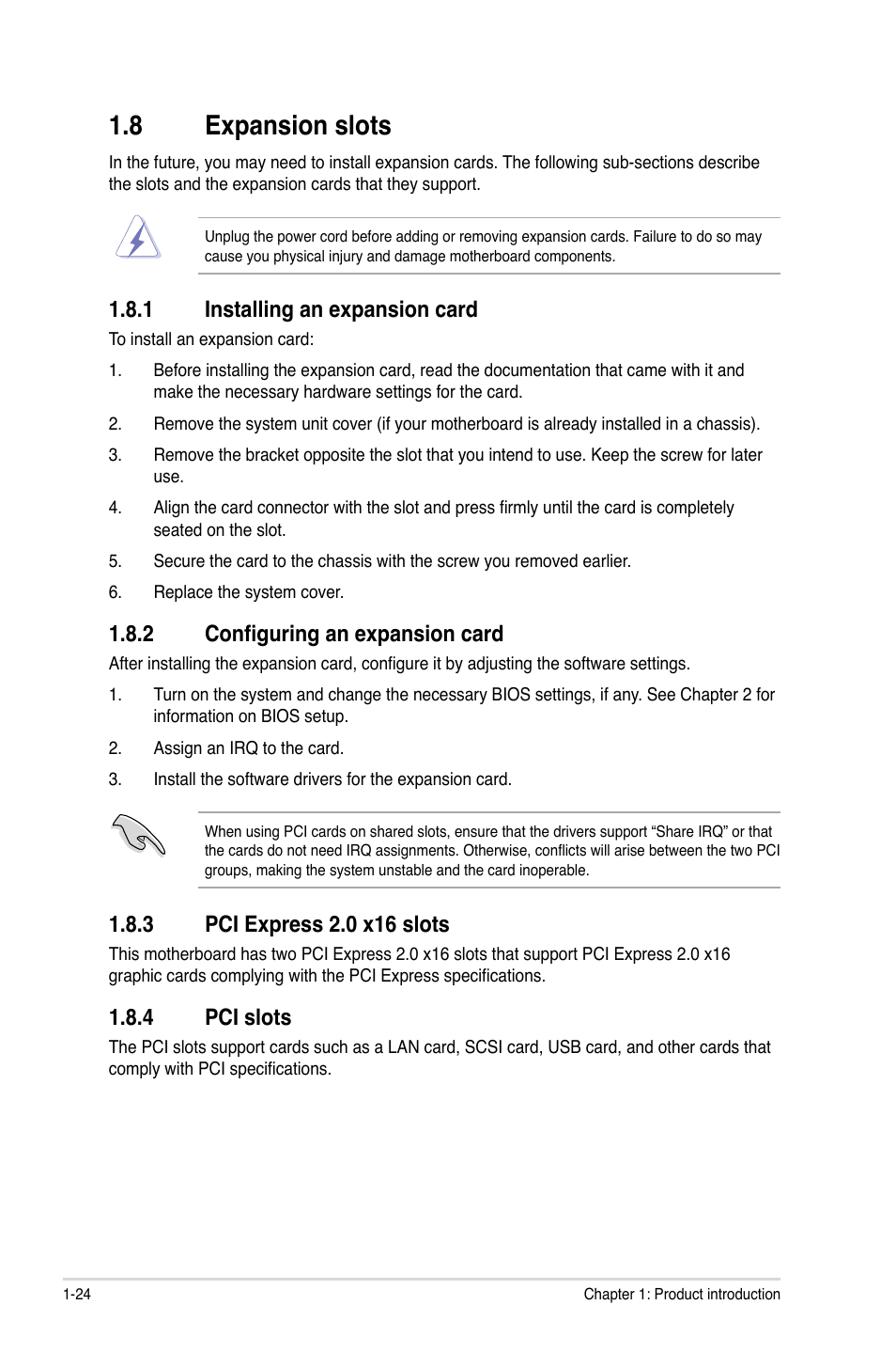 8 expansion slots, 1 installing an expansion card, 2 configuring an expansion card | 3 pci express 2.0 x16 slots, 4 pci slots, Expansion slots -24 1.8.1, Installing an expansion card -24, Configuring an expansion card -24, Pci express 2.0 x16 slots -24, Pci slots -24 | Asus P8Z68-M PRO User Manual | Page 36 / 82