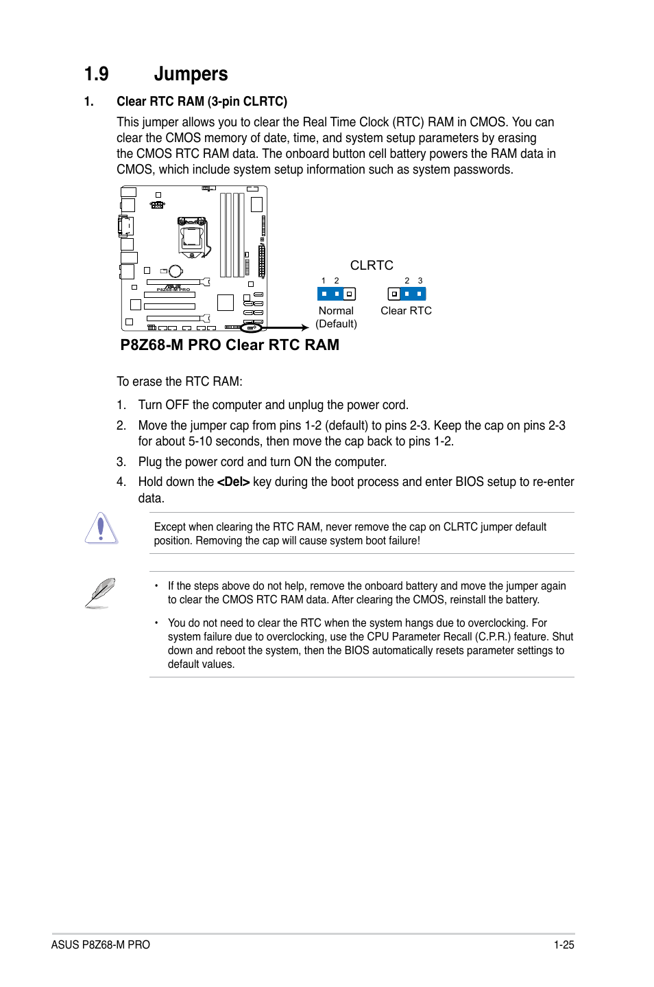 9 jumpers, Jumpers -25, P8z68-m pro clear rtc ram | Asus P8Z68-M PRO User Manual | Page 37 / 82