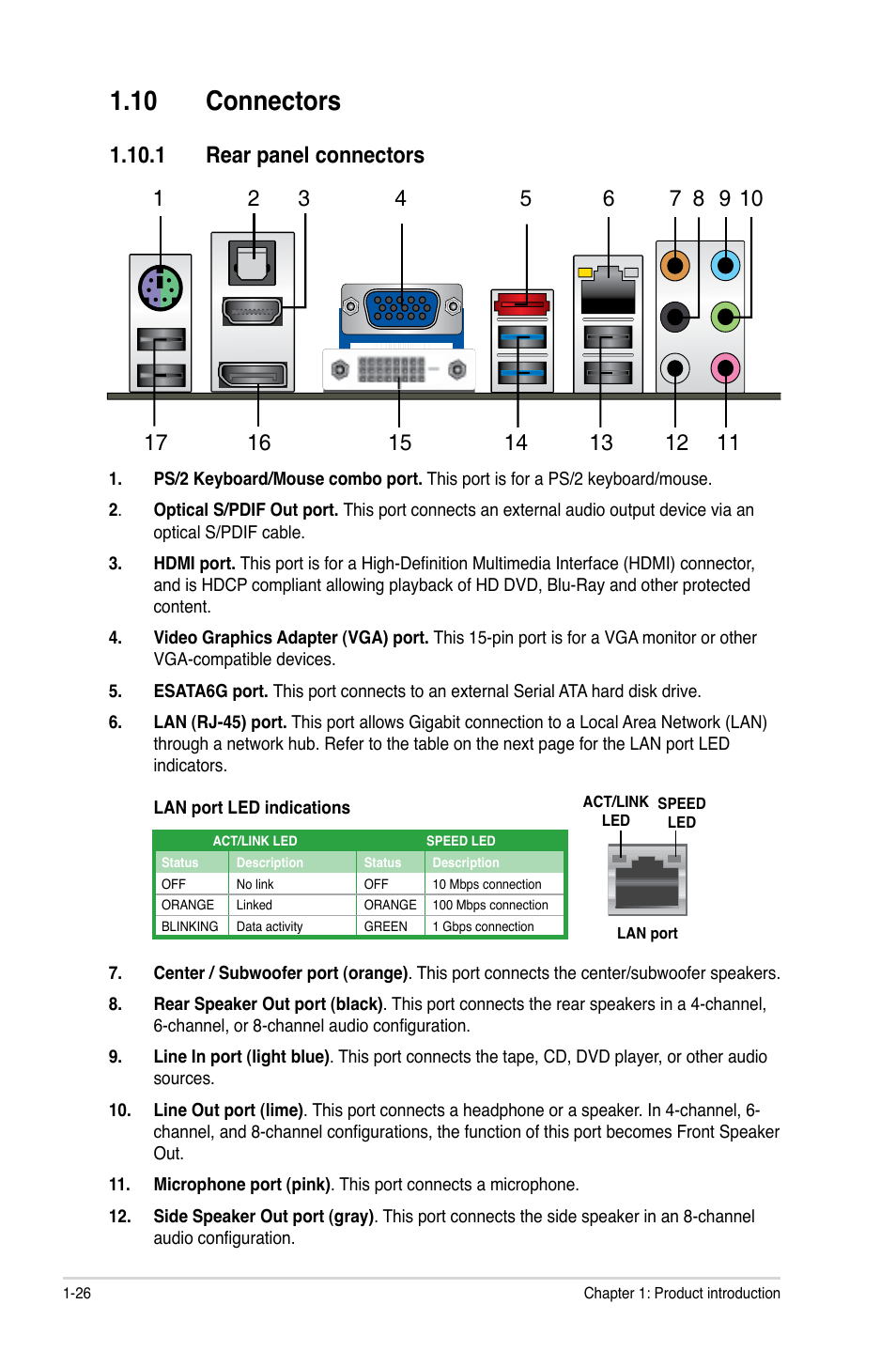 10 connectors, 1 rear panel connectors, 10 connectors -26 | 1 rear panel connectors -26 | Asus P8Z68-M PRO User Manual | Page 38 / 82