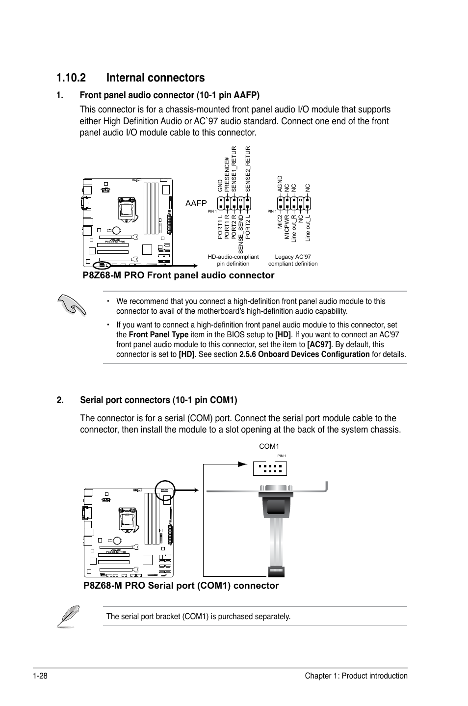 2 internal connectors, 2 internal connectors -28, P8z68-m pro front panel audio connector | P8z68-m pro serial port (com1) connector | Asus P8Z68-M PRO User Manual | Page 40 / 82