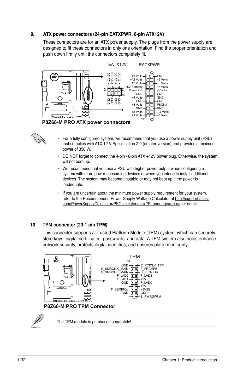 P8z68-m pro atx power connectors, P8z68-m pro tpm connector | Asus P8Z68-M PRO User Manual | Page 44 / 82