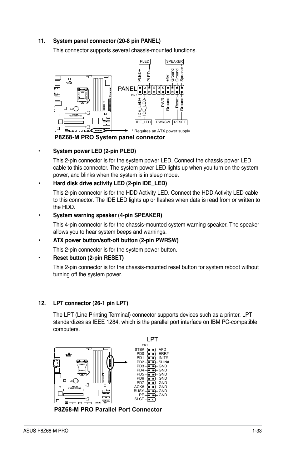 Panel, P8z68-m pro parallel port connector lpt | Asus P8Z68-M PRO User Manual | Page 45 / 82