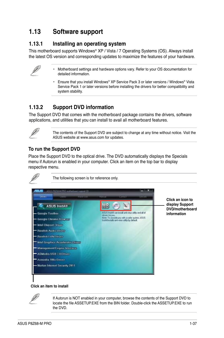 13 software support, 1 installing an operating system, 2 support dvd information | 13 software support -37 | Asus P8Z68-M PRO User Manual | Page 49 / 82