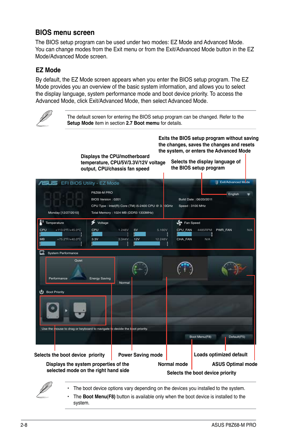 Bios menu screen, Ez mode, 8 asus p8z68-m pro | Asus P8Z68-M PRO User Manual | Page 58 / 82