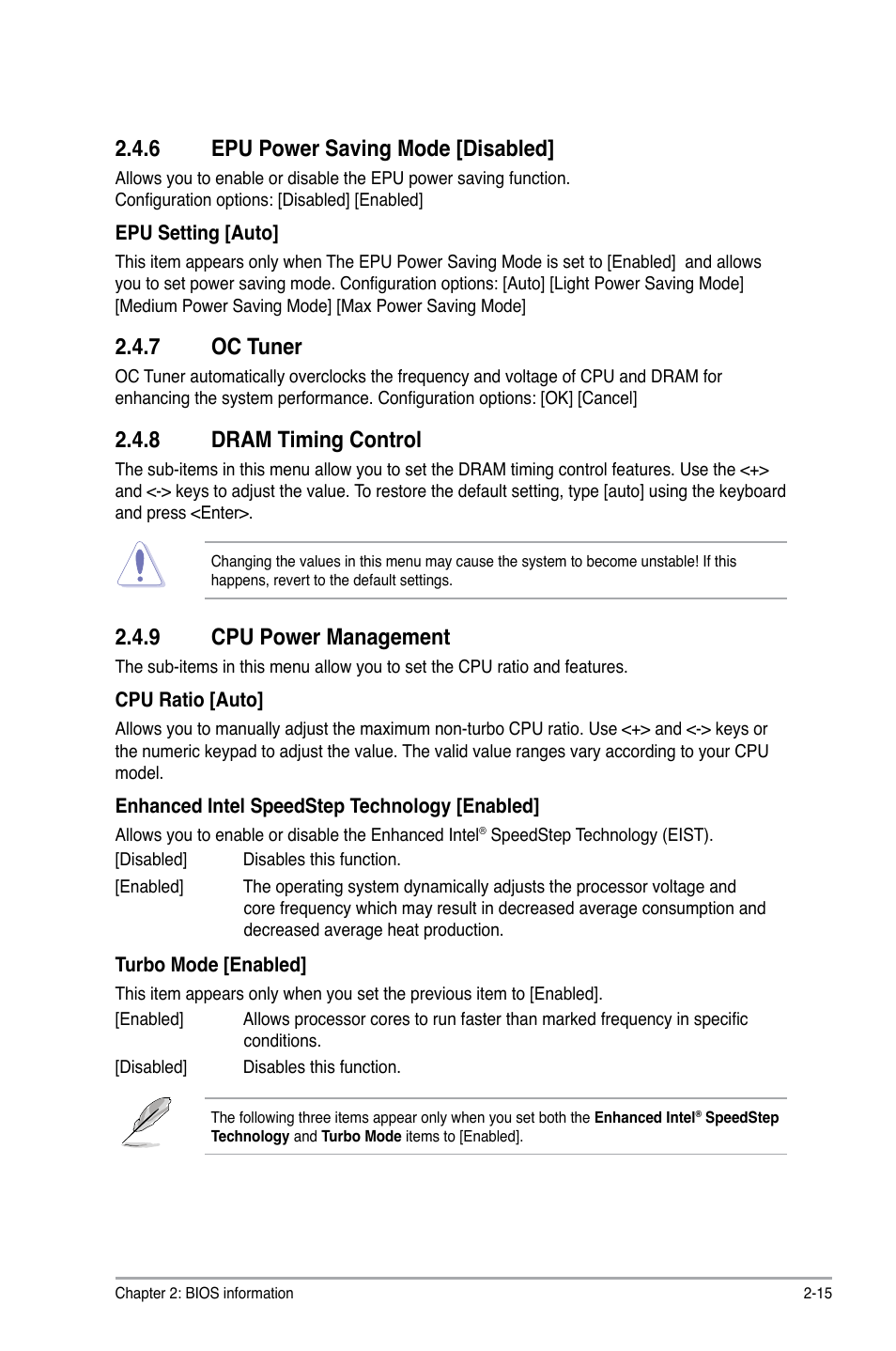 6 epu power saving mode [disabled, 7 oc tuner, 8 dram timing control | 9 cpu power management, Epu power saving mode [disabled] -15, Oc tuner -15, Dram timing control -15, Cpu power management -15 | Asus P8Z68-M PRO User Manual | Page 65 / 82