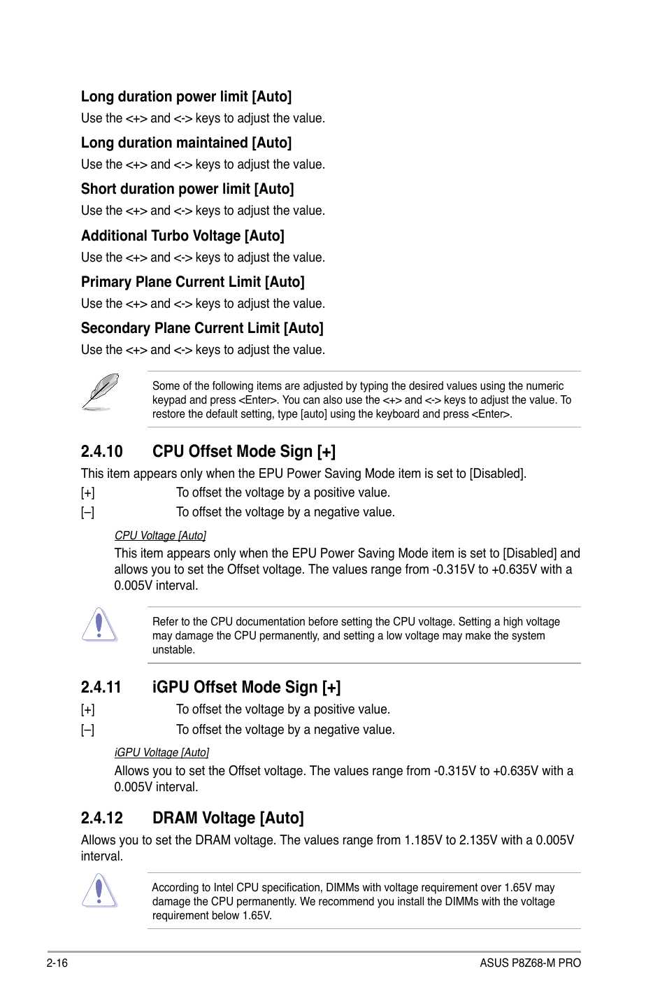 10 cpu offset mode sign, 11 igpu offset mode sign, 12 dram voltage [auto | Asus P8Z68-M PRO User Manual | Page 66 / 82