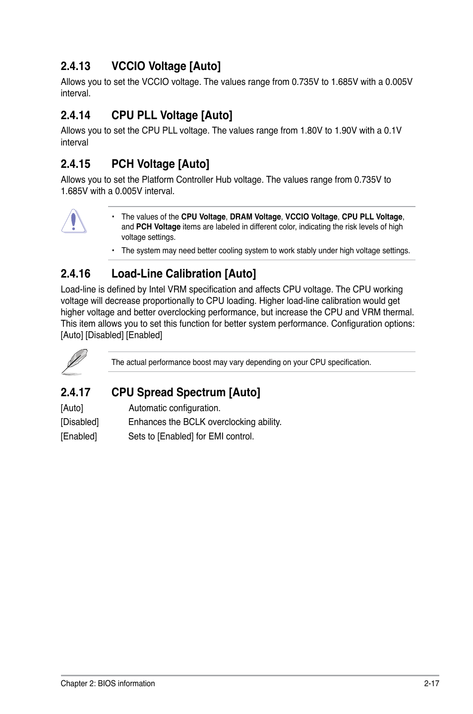 13 vccio voltage [auto, 14 cpu pll voltage [auto, 15 pch voltage [auto | 16 load-line calibration [auto, 17 cpu spread spectrum [auto | Asus P8Z68-M PRO User Manual | Page 67 / 82