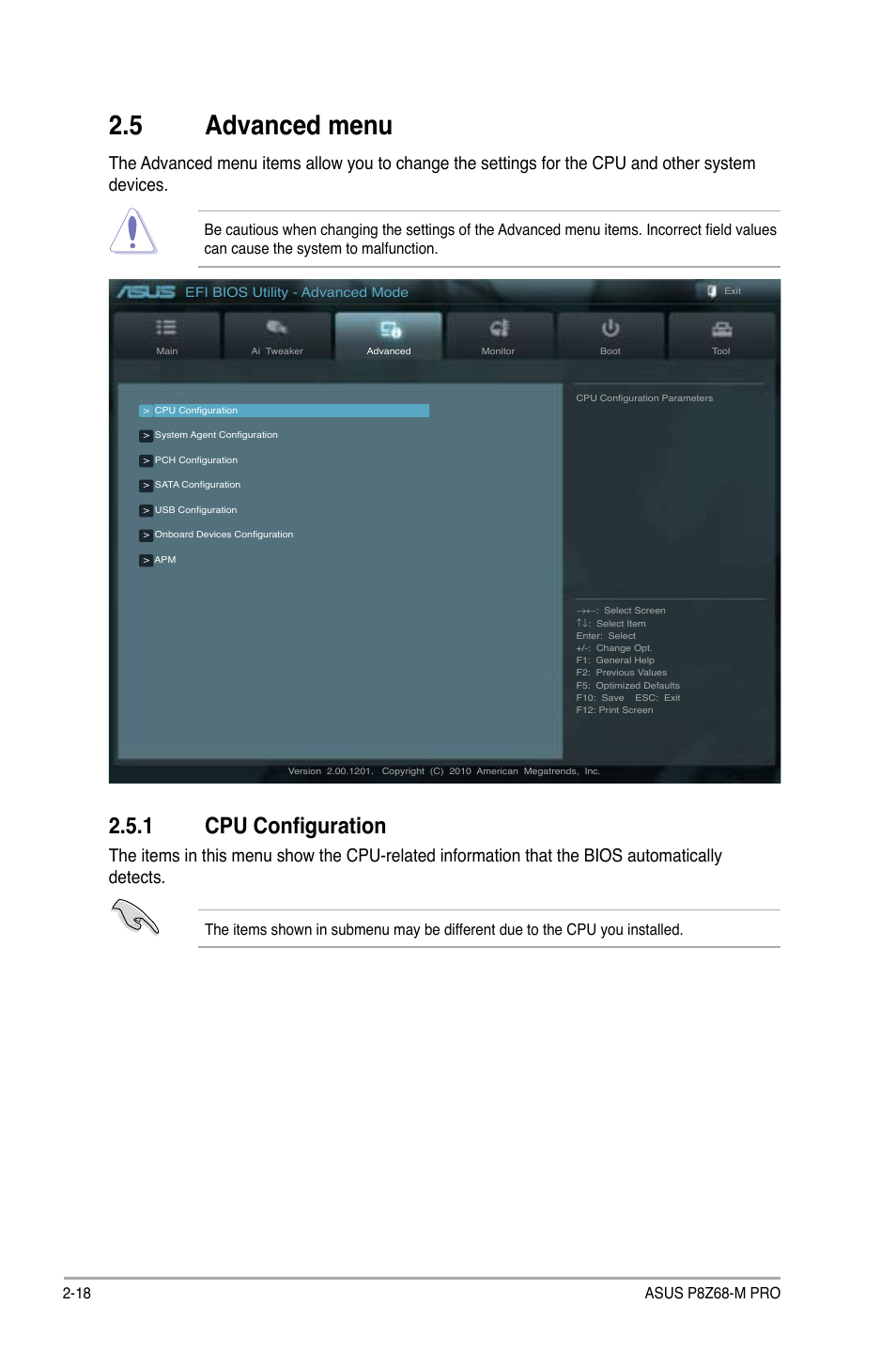 5 advanced menu, 1 cpu configuration, Advanced menu -18 2.5.1 | Cpu configuration -18 | Asus P8Z68-M PRO User Manual | Page 68 / 82