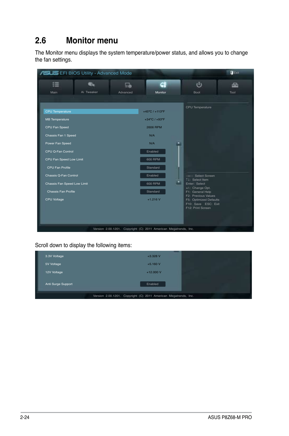 6 monitor menu, Monitor menu -24, Scroll down to display the following items | Efi bios utility - advanced mode | Asus P8Z68-M PRO User Manual | Page 74 / 82