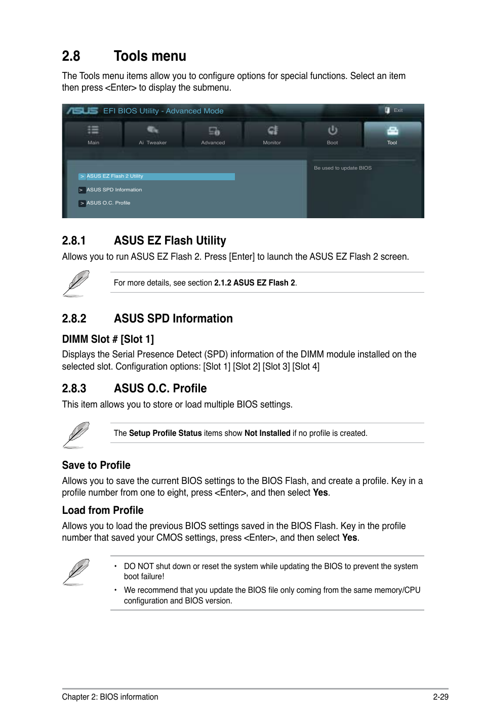 8 tools menu, 1 asus ez flash utility, 2 asus spd information | 3 asus o.c. profile, Tools menu -29 2.8.1, Asus ez flash utility -29, Asus spd information -29, Asus o.c. profile -29, Dimm slot # [slot 1, Save to profile | Asus P8Z68-M PRO User Manual | Page 79 / 82