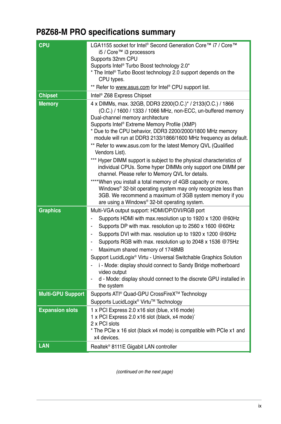 P8z68-m pro specifications summary | Asus P8Z68-M PRO User Manual | Page 9 / 82