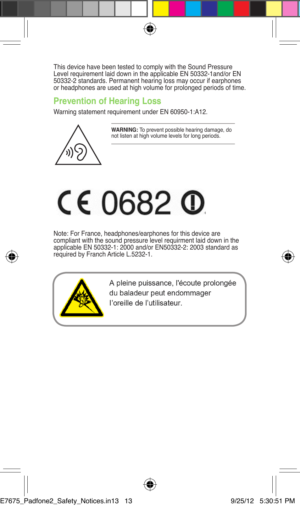 Prevention of hearing loss | Asus PadFone 2 User Manual | Page 13 / 16