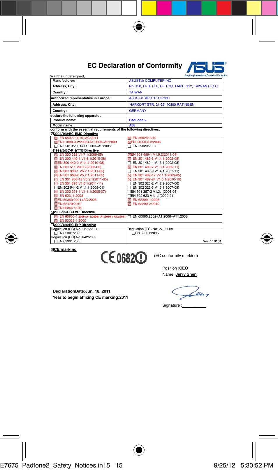 Ec declaration of conformity | Asus PadFone 2 User Manual | Page 15 / 16