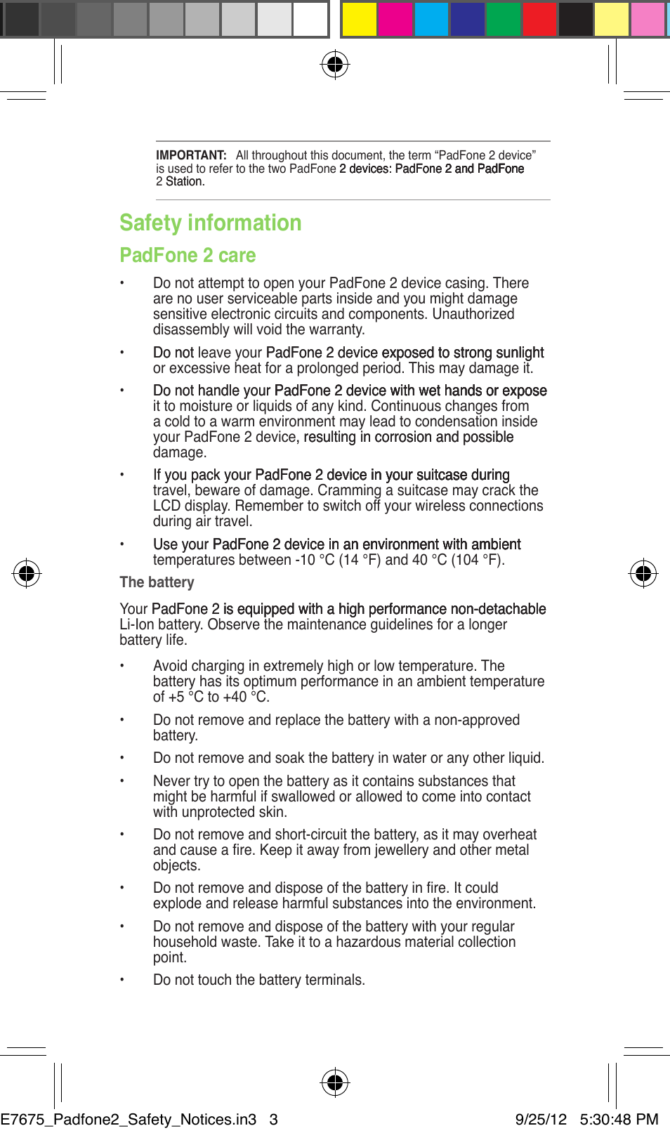 Safety information, Padfone 2 care | Asus PadFone 2 User Manual | Page 3 / 16