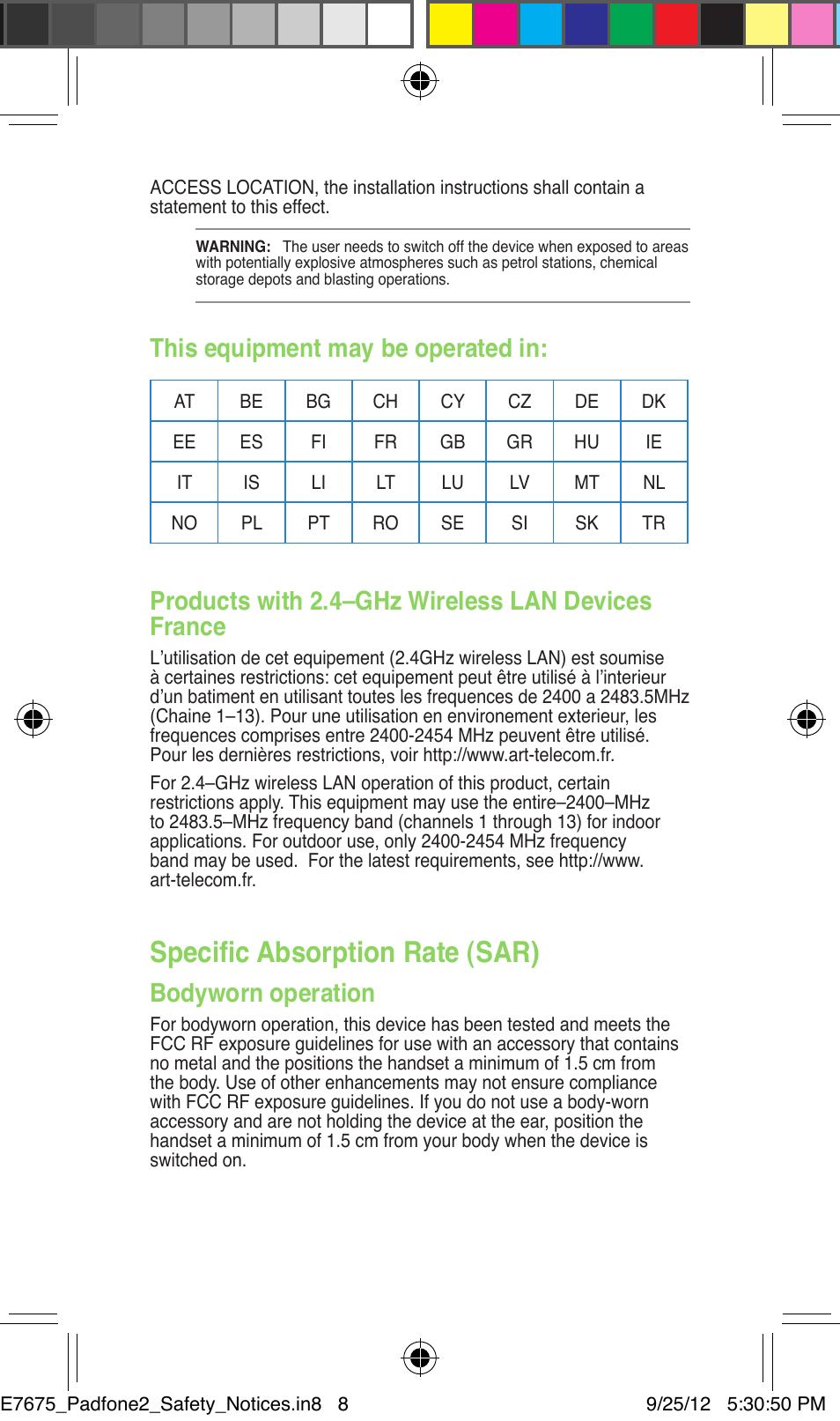 Specific absorption rate (sar), This equipment may be operated in, Products with 2.4–ghz wireless lan devices france | Bodyworn operation | Asus PadFone 2 User Manual | Page 8 / 16