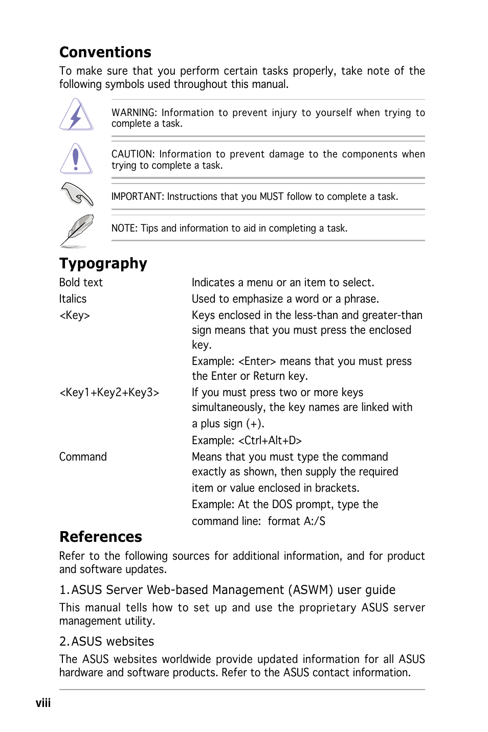 References, Conventions, Typography | Asus RS162-E4/RX4 User Manual | Page 10 / 164