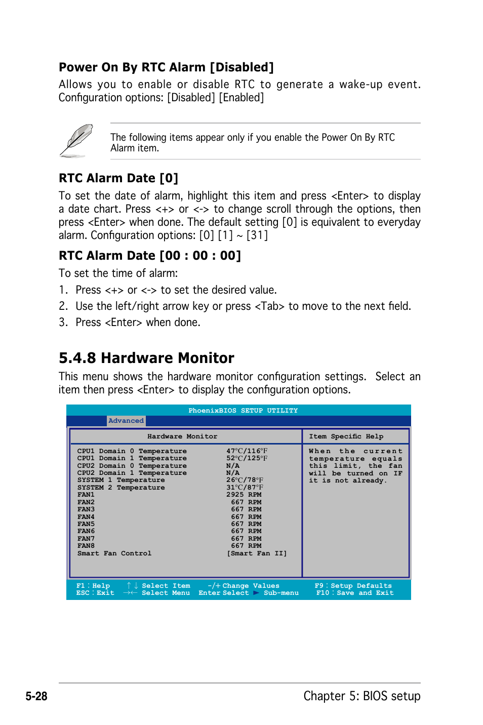 8 hardware monitor, Chapter 5: bios setup, Power on by rtc alarm [disabled | Rtc alarm date [0 | Asus RS162-E4/RX4 User Manual | Page 100 / 164