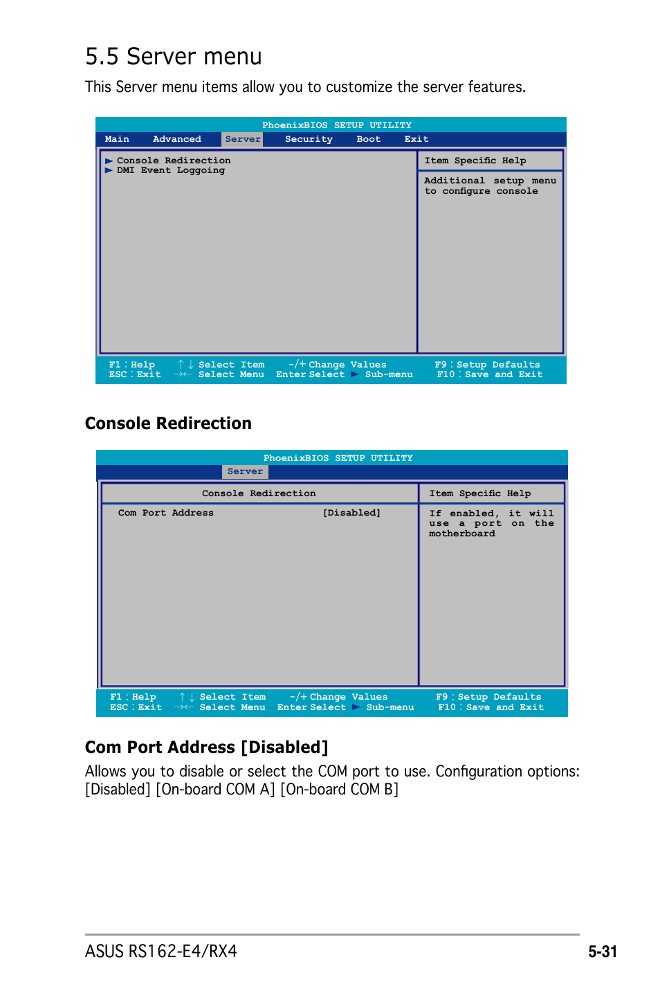 5 server menu, Com port address [disabled | Asus RS162-E4/RX4 User Manual | Page 103 / 164