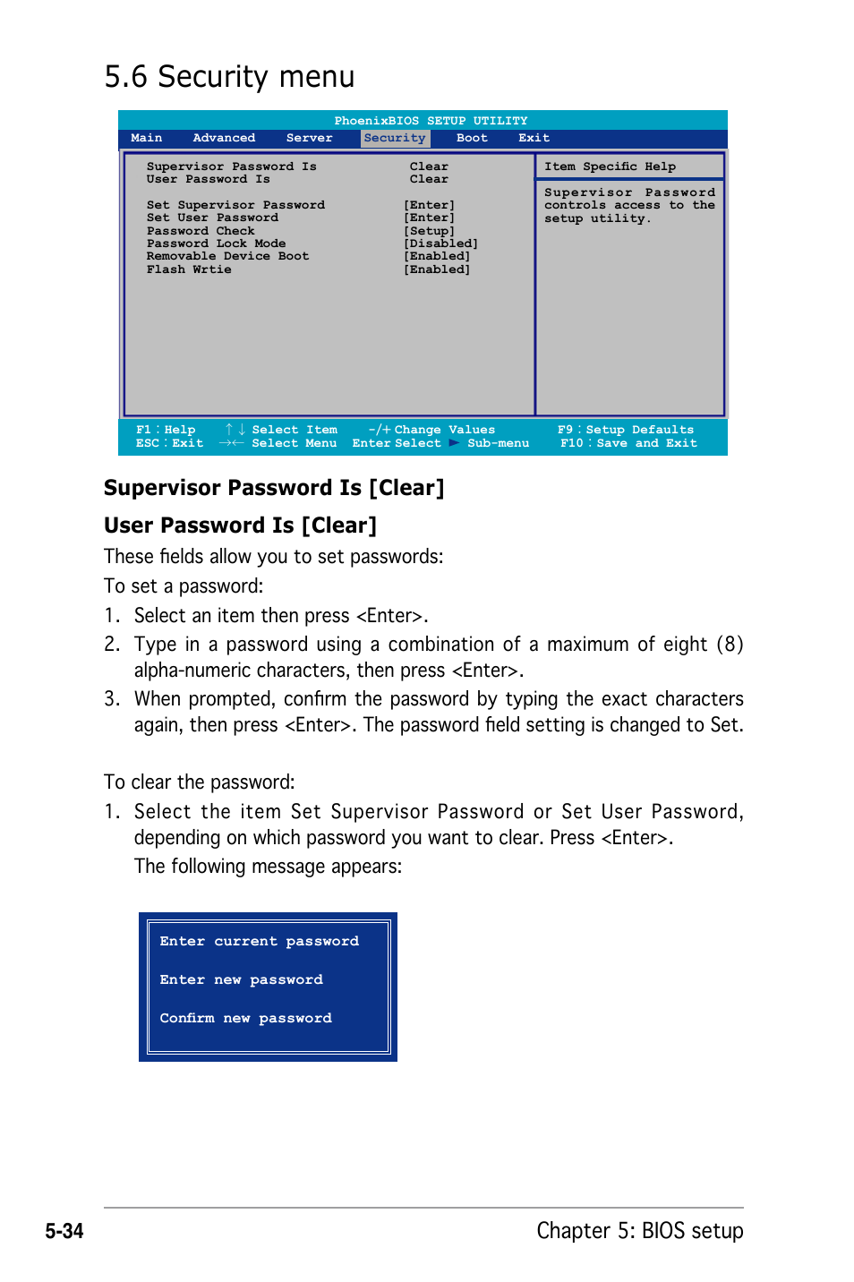 6 security menu, Chapter 5: bios setup | Asus RS162-E4/RX4 User Manual | Page 106 / 164