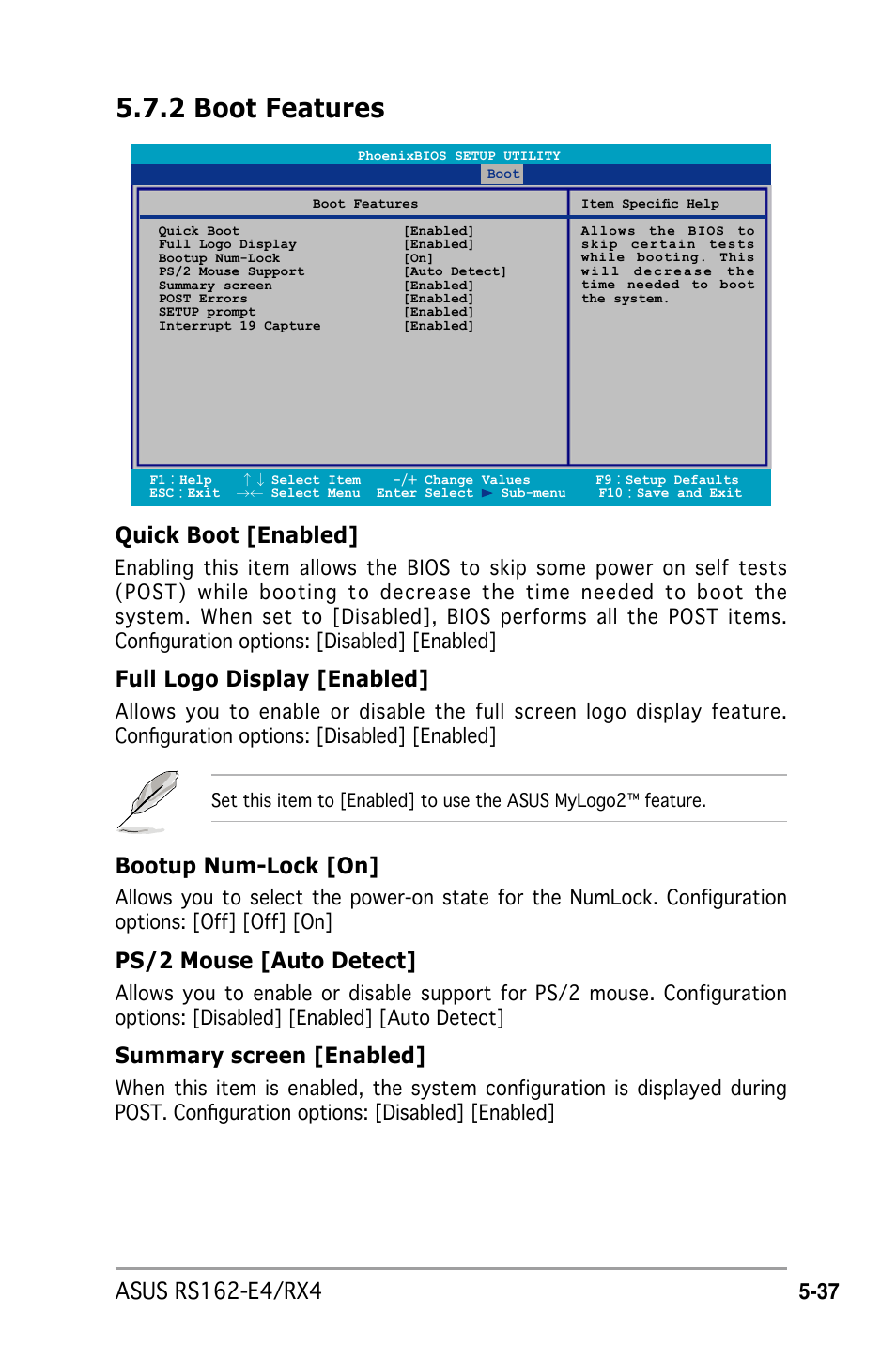 2 boot features, Quick boot [enabled, Full logo display [enabled | Bootup num-lock [on, Ps/2 mouse [auto detect, Summary screen [enabled | Asus RS162-E4/RX4 User Manual | Page 109 / 164