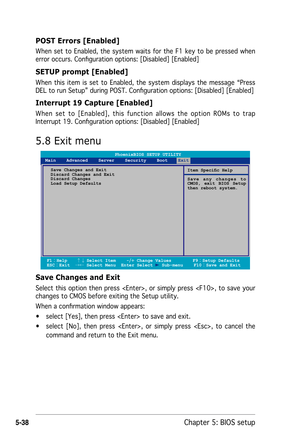 8 exit menu, Chapter 5: bios setup, Post errors [enabled | Setup prompt [enabled, Interrupt 19 capture [enabled, Save changes and exit | Asus RS162-E4/RX4 User Manual | Page 110 / 164
