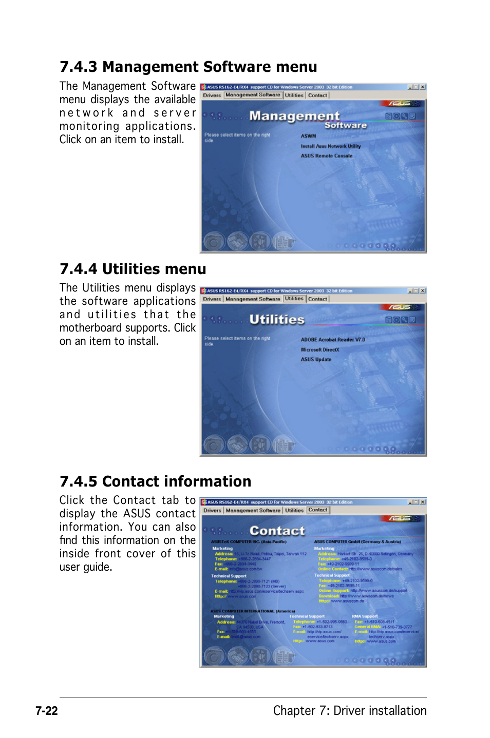 3 management software menu, 4 utilities menu, 5 contact information | Asus RS162-E4/RX4 User Manual | Page 158 / 164