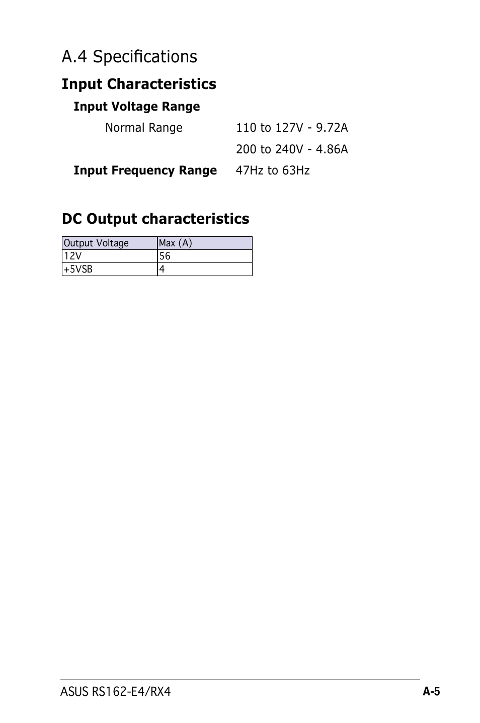 A.4 specifications, Input characteristics, Dc output characteristics | Asus RS162-E4/RX4 User Manual | Page 163 / 164