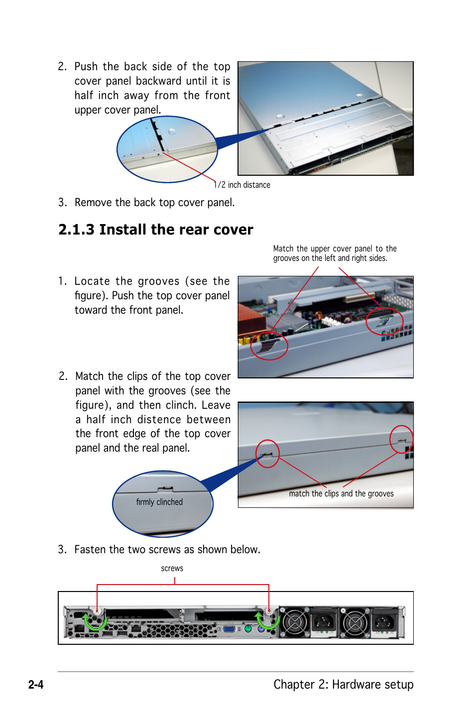 3 install the rear cover, Chapter 2: hardware setup | Asus RS162-E4/RX4 User Manual | Page 22 / 164