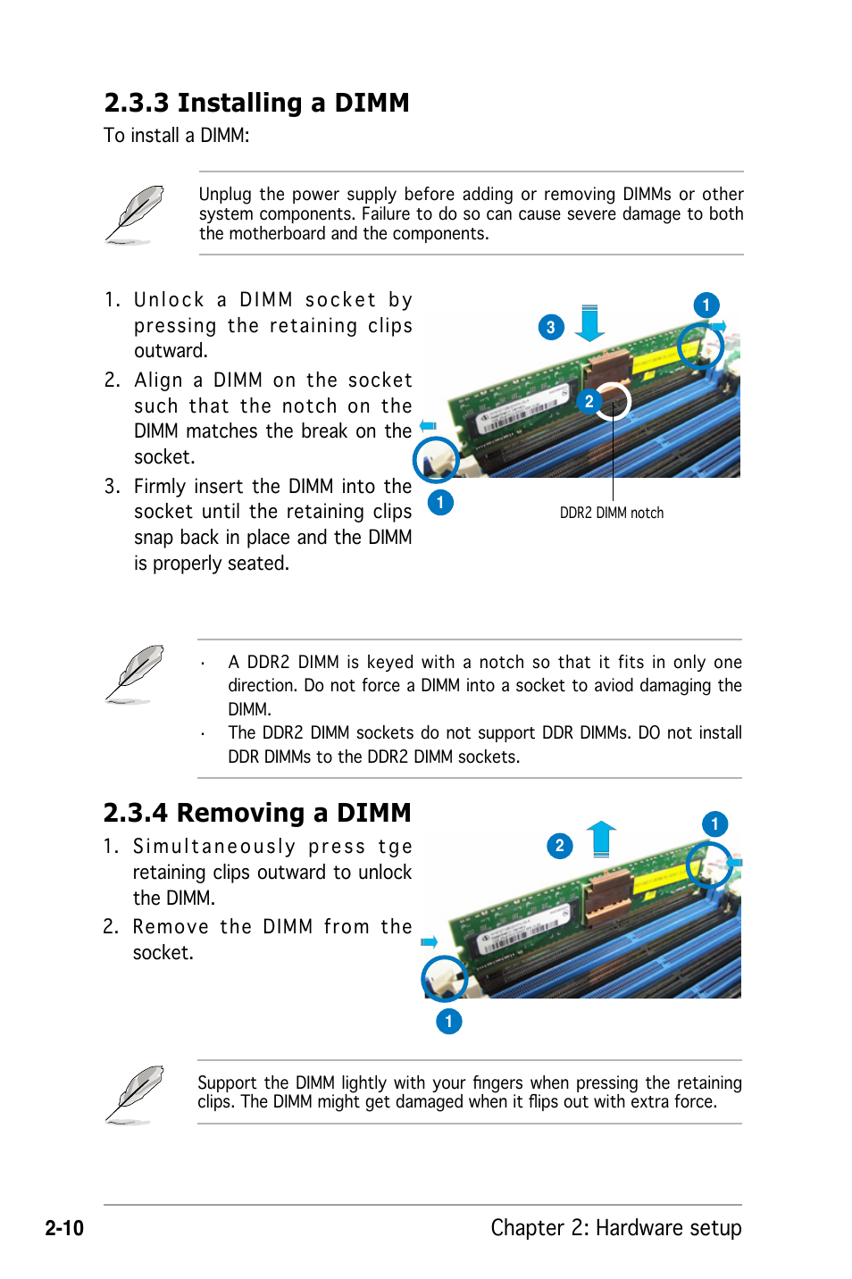3 installing a dimm, 4 removing a dimm, Chapter 2: hardware setup -10 | Asus RS162-E4/RX4 User Manual | Page 28 / 164