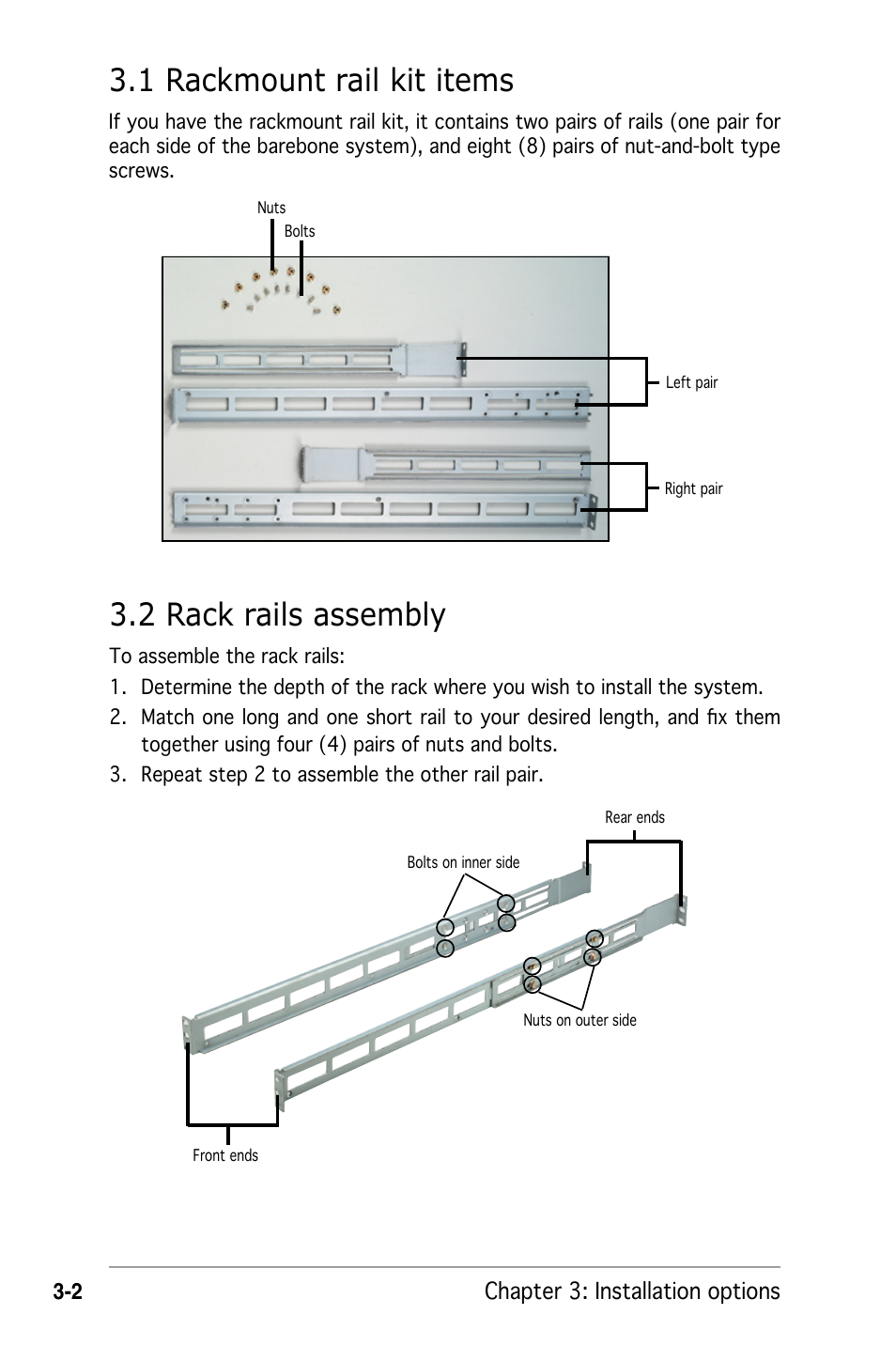 1 rackmount rail kit items, 2 rack rails assembly, Chapter 3: installation options | Asus RS162-E4/RX4 User Manual | Page 62 / 164