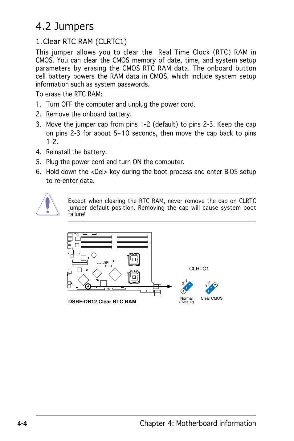 2 jumpers, Chapter 4: motherboard information, Clear rtc ram (clrtc1) | Asus RS162-E4/RX4 User Manual | Page 68 / 164