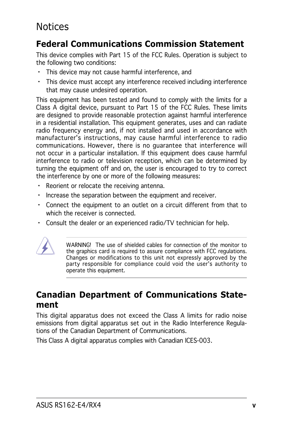 Notices, Federal communications commission statement, Canadian department of communications state- ment | Asus RS162-E4/RX4 User Manual | Page 7 / 164