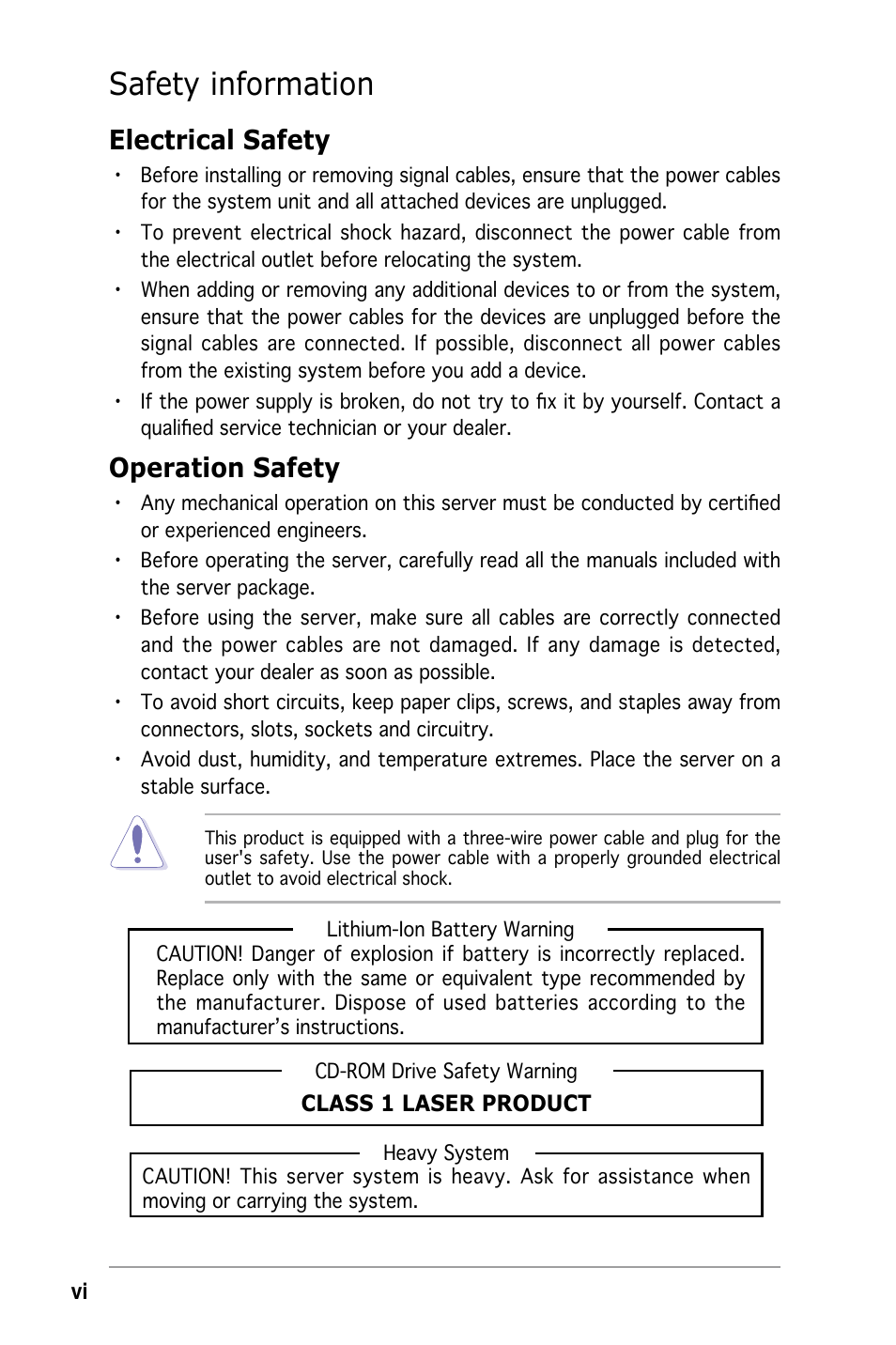 Safety information, Electrical safety, Operation safety | Asus RS162-E4/RX4 User Manual | Page 8 / 164