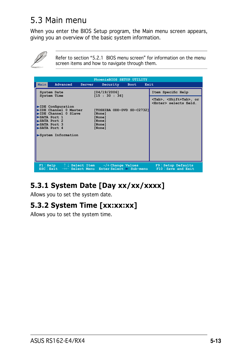 3 main menu, 2 system time [xx:xx:xx, Allows you to set the system date | Allows you to set the system time | Asus RS162-E4/RX4 User Manual | Page 85 / 164