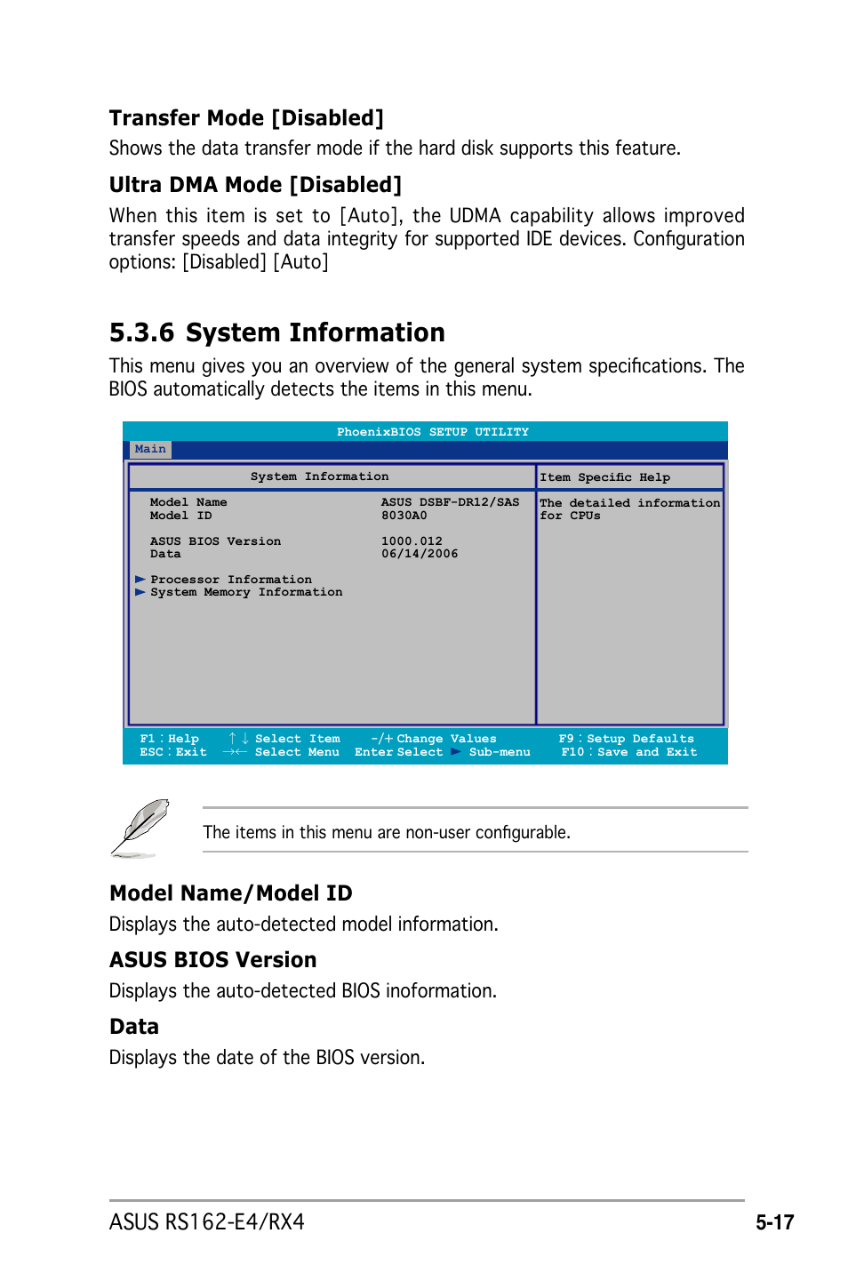6 system information, Asus bios version, Data | Transfer mode [disabled, Ultra dma mode [disabled, Displays the auto-detected model information, Displays the auto-detected bios inoformation, Displays the date of the bios version | Asus RS162-E4/RX4 User Manual | Page 89 / 164