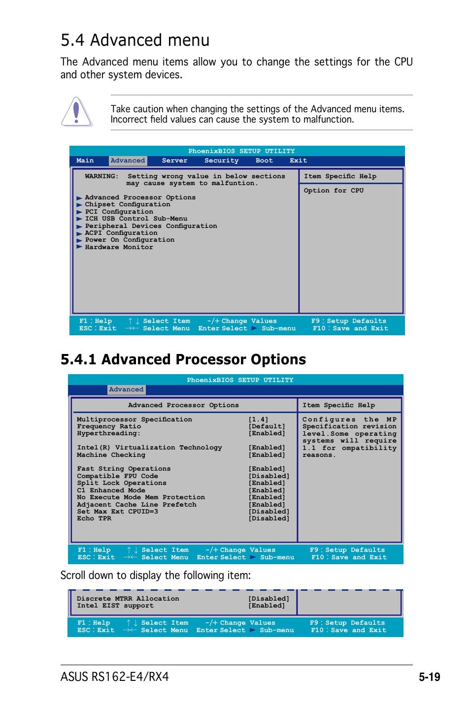 4 advanced menu, 1 advanced processor options, Scroll down to display the following item | Asus RS162-E4/RX4 User Manual | Page 91 / 164