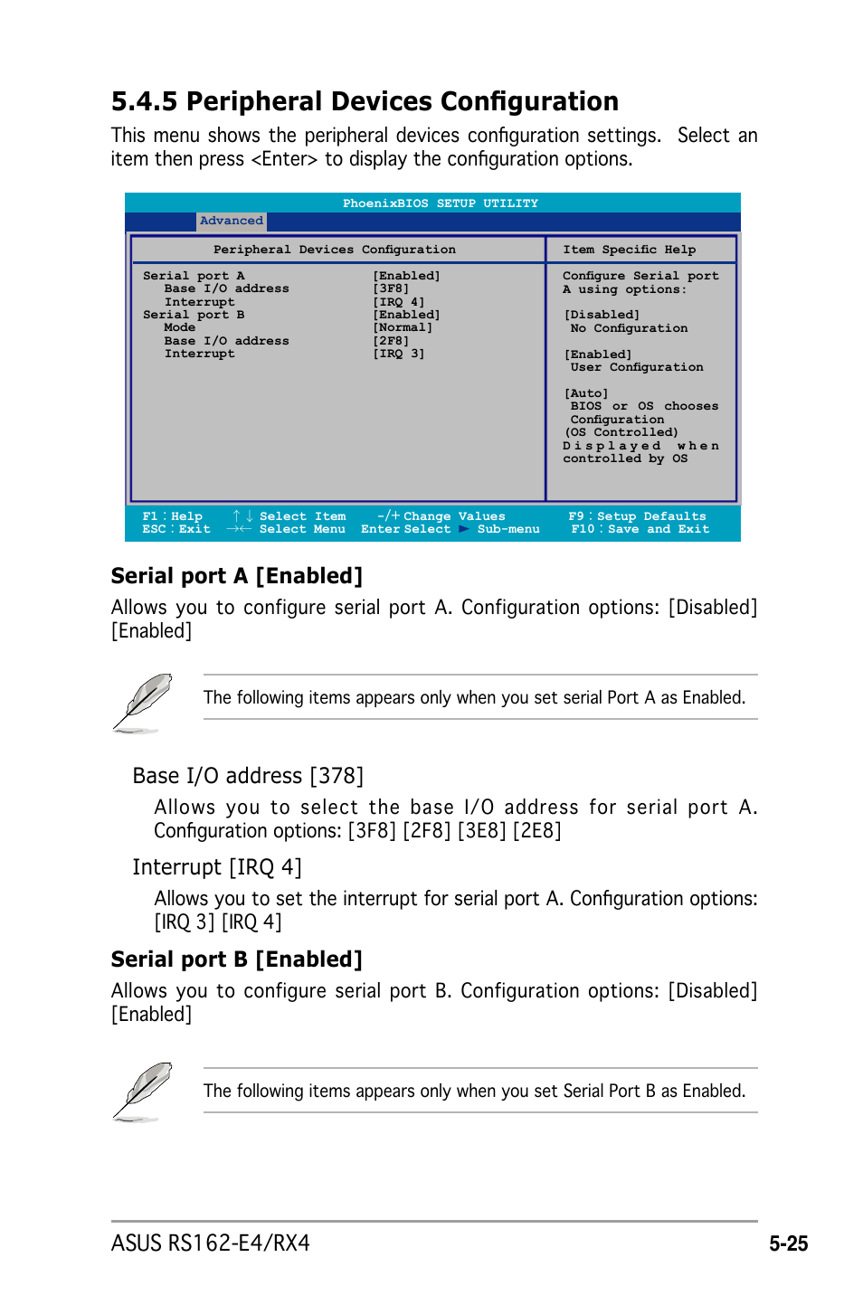 5 peripheral devices configuration, Serial port a [enabled, Base i/o address [378 | Interrupt [irq 4, Serial port b [enabled | Asus RS162-E4/RX4 User Manual | Page 97 / 164